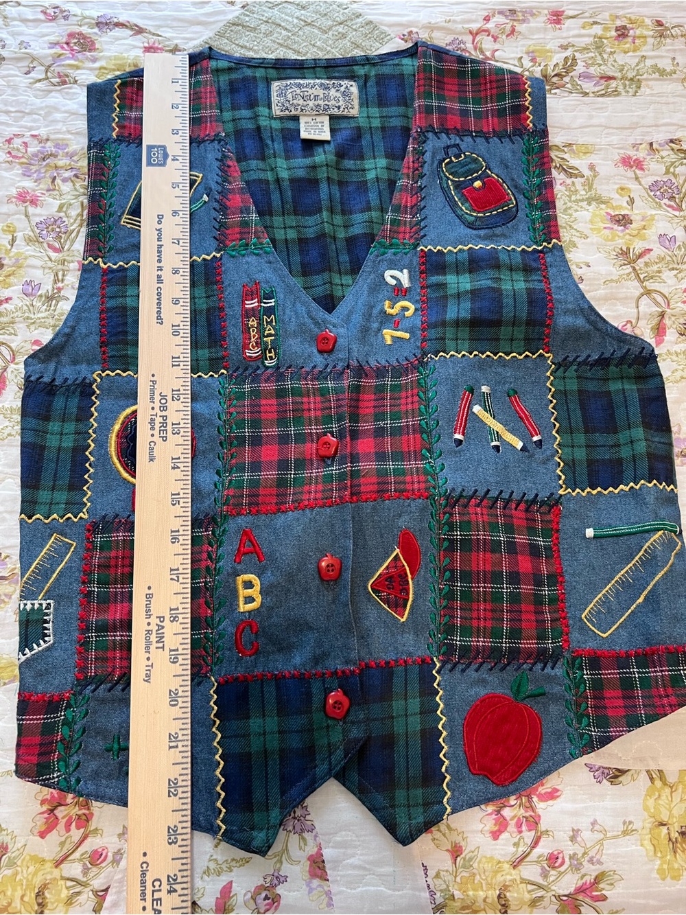 Vintage TanTrum Blues Plaid Embroidered Teacher Vest M Art 90s Novelty - Picture 11 of 12